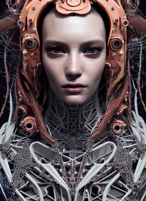 Image similar to portrait of an absurdly beautiful, graceful, sophisticated, fashionable cyberpunk mechanoid, hyperdetailed illustration by irakli nadar and alexandre ferra, intricate linework, white porcelain skin, faberge, coral headdress, unreal engine 5 highly rendered, global illumination, radiant light, detailed and intricate environment