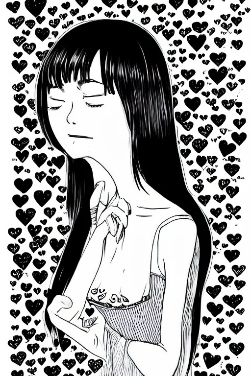 Image similar to portrait of a girl in long pants and a top, hands in pockets, eyes closed, red heart shaped tattoo on the right hand, bob haircut, digital art, black and white, detailed illustration by junji ito and kaoru mori