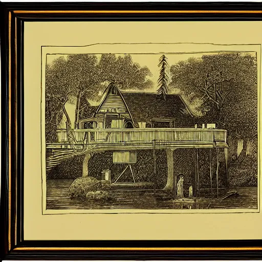 Image similar to the house by the lake, illustration by Gustav Doré