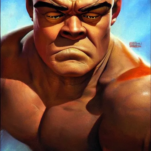 Image similar to ultra realistic david koechner as sagat from street fighter, painting by frank frazetta, 4 k, ultra realistic, highly detailed,