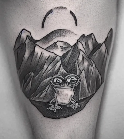 Prompt: tattoo design sketch of pepe the frog, faded background of beautiful mountains and nature on the side, hyper - realistic, in the style of den yakovlev, amazing detail, black and white