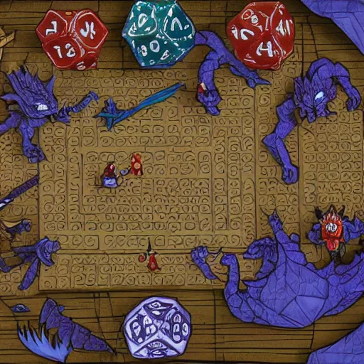 Prompt: A typical Dungeons And Dragons adventuring party, fighting a blue dragon and a highly organized pack of kobolds, except everyone is shrunk to only 2% of their normal height, and the fight is happening on a gridded battlemat on a kitchen table, with normal size pencils and polyhedral dice scattered across the table; 4K image