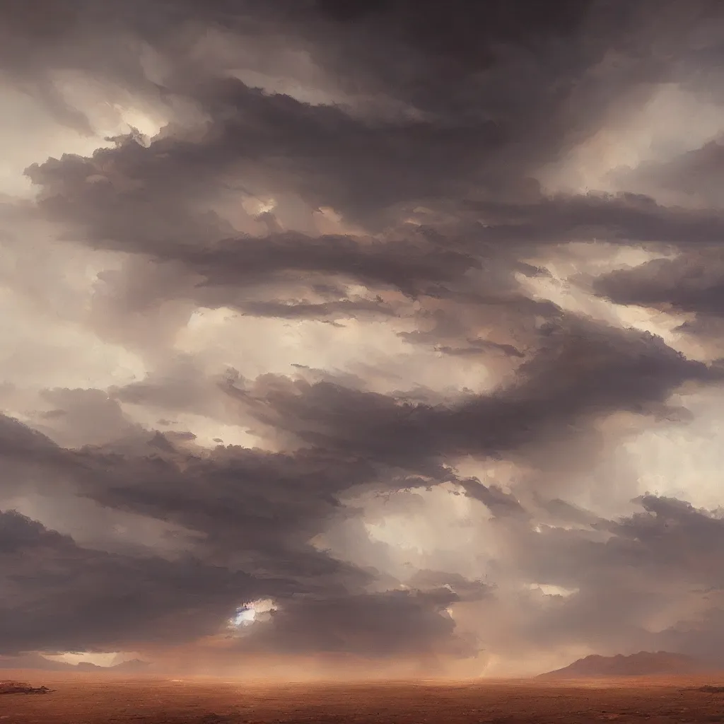 Prompt: beautiful oil painting of a thunderstorm in the desert, greg rutkowski, trending on artstation