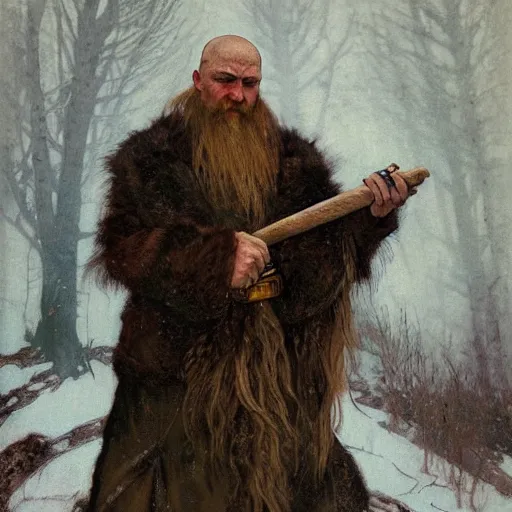 Image similar to portrait of bald, elderly Slavic Viking priest wearing thick furs and standing tall in the blizzard, with fading tattoos covering every inch of exposed skin, portrait by Anato Finnstark, Alphonse Mucha, and Greg Rutkowski