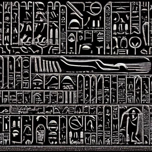 Prompt: evil black egyptian hieroglyphs on a black background, hidden eyes everywhere