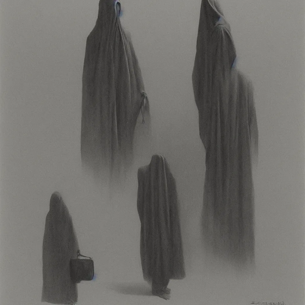 Image similar to Man in a business suit with a bag covering his head, by Zdzisław Beksiński