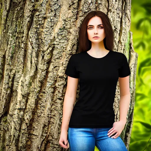 Image similar to clear photorealistic mockup product photograph of a blank black tshirt on an attractive female model in front of a nature background - h 7 0 4