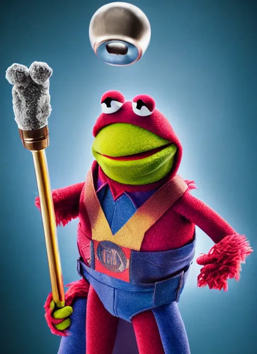 Prompt: studio portrait still of muppet!!!!! thor!!!!!! from avengers infinity war with hammer as a muppet muppet as a muppet, 8 k, studio lighting, key light,