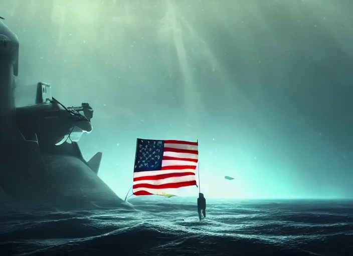 Image similar to astronaut holding a flag in an underwater desert. a submarine is visible in the distance. dark, concept art, cinematic, dramatic, atmospheric, 8 k, trending on artstation, blue, fish, low visibility, fog, ocean floor, christopher nolan, interstellar