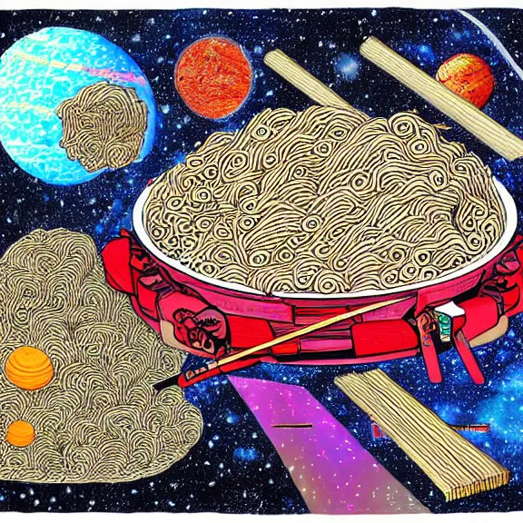 Prompt: a ramen foodcart on an asteroid at the end of the universe, cosmic and colorful pen drawing, deep colors