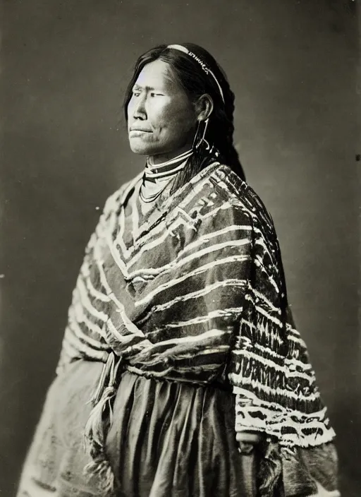 Prompt: Antique portrait of a Navajo woman in traditional clothes, sharp focus, albumen silver print by Timothy H. O'Sullivan.