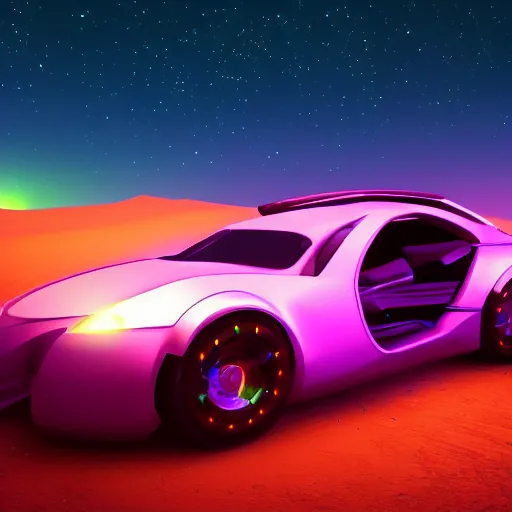 Prompt: cyberpunk neon car glowing against a desert background, nighttime photography, ray tracing, rtx, 4 k