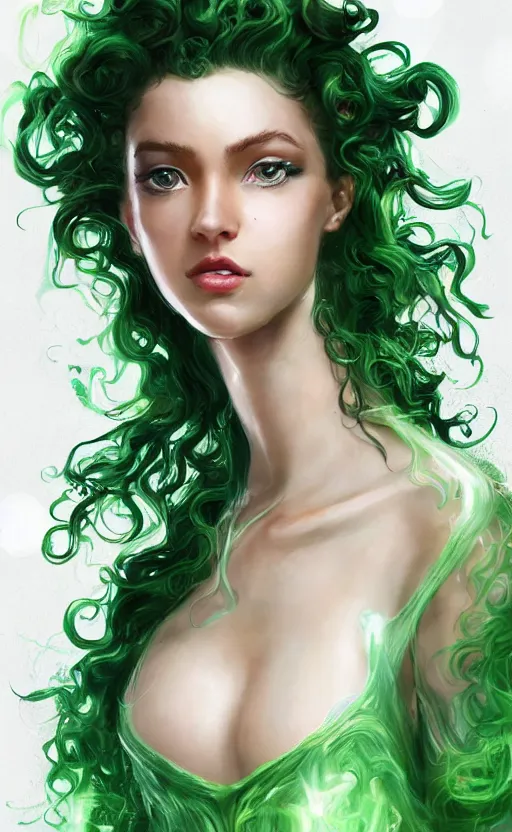 Image similar to a young woman with wild, curly hair and bright green eyes. she's wearing a flowing dress made of light, airy fabric and she has a mischievous look on her face, dynamic lighting, photorealistic fantasy concept art, trending on art station, stunning visuals, creative, cinematic, ultra detailed