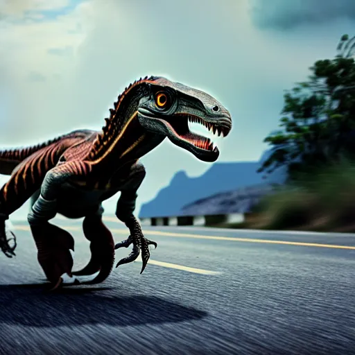 Image similar to a velociraptor driving a motorbike, photorealistic 3 d octane render, unreal engine