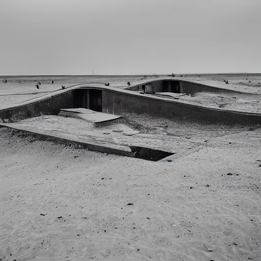 Prompt: World War two bunkers sinking in the sand