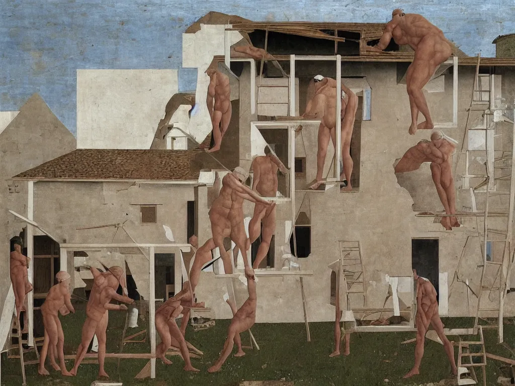 Prompt: House under renovation. The worker is muscular and has one eye with a red pupil in the middle of his face, like a cyclops. Painting by Alex Colville, Piero della Francesca.