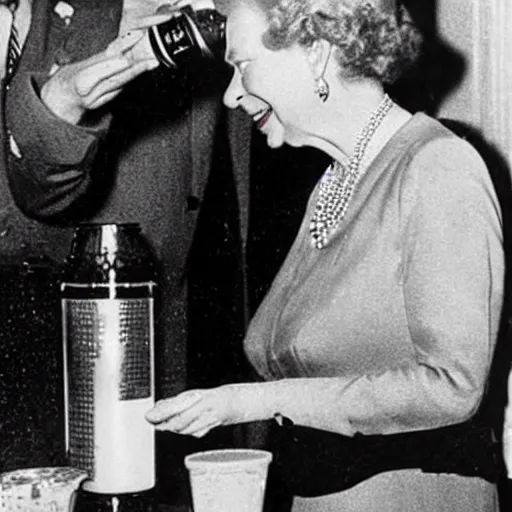 Image similar to Queen Elizabeth drinking beer from a shoe