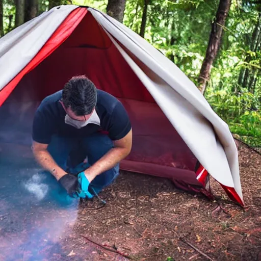 Prompt: man spray painting a camping tent