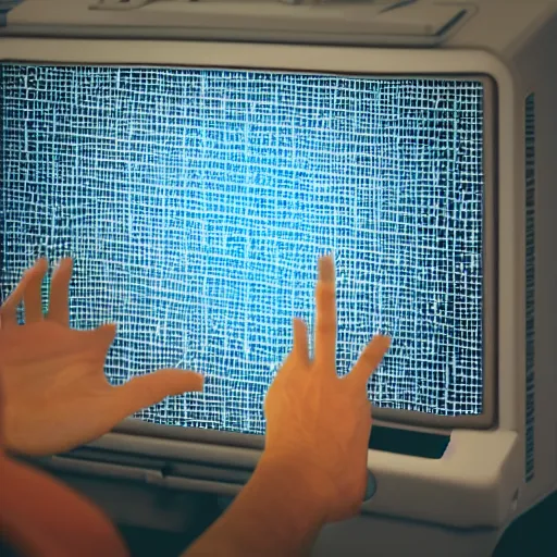 Image similar to hand reaching out of an old glitchy windows computer screen