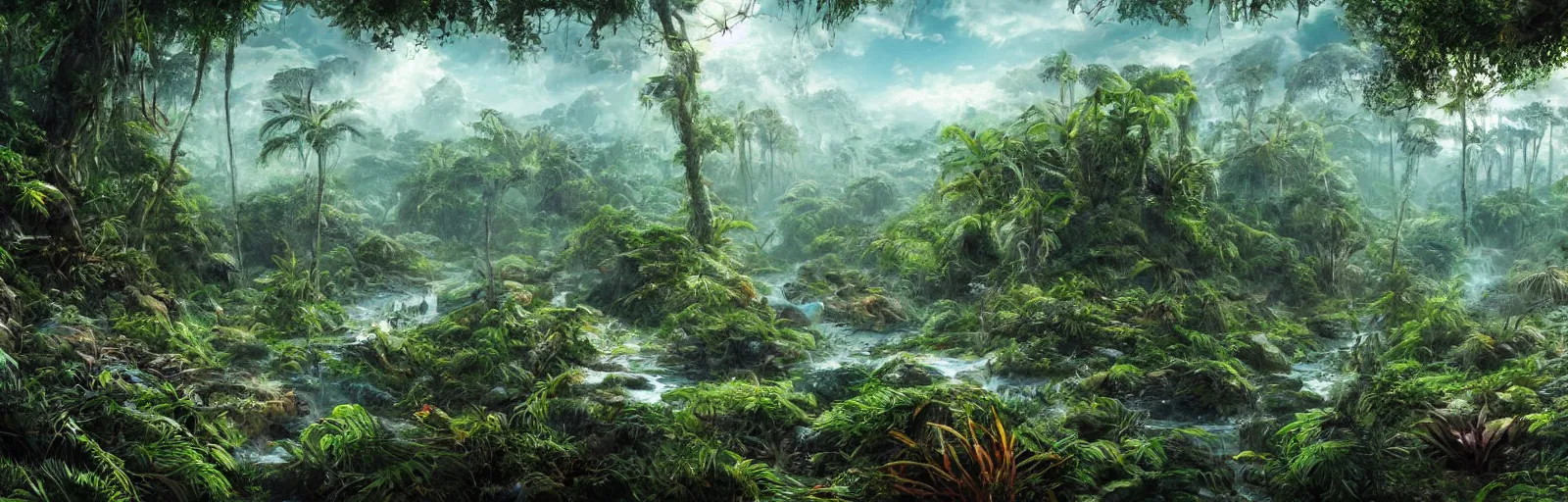 Image similar to painting of a jungle frozen over!! scene on an alien planet by vincent bons. ultra sharp high quality digital render. detailed. beautiful landscape. weird vegetation. water.