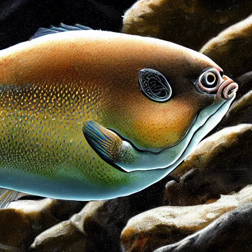 Prompt: a recently discovered fish that is the size of a mountain, highly detailed digital art