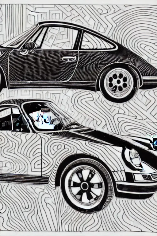 Image similar to a black and white drawing of a porsche 9 1 1, a detailed mixed media collage by hiroki tsukuda and eduardo paolozzi and moebius, intricate linework, sketchbook psychedelic doodle comic drawing, geometric, street art, polycount, deconstructivism, matte drawing, academic art, constructivism