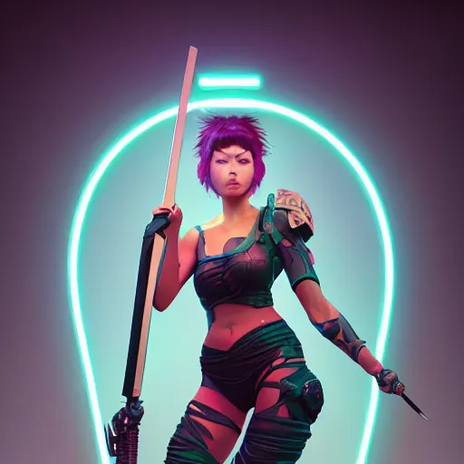 Image similar to woman with neon katana, highly detailed, professional digital painting, Unreal Engine 5, Photorealism, HD quality, 8k resolution, cinema 4d, 3D, cinematic, professional photography, art by artgerm and greg rutkowski and alphonse mucha and loish and WLOP