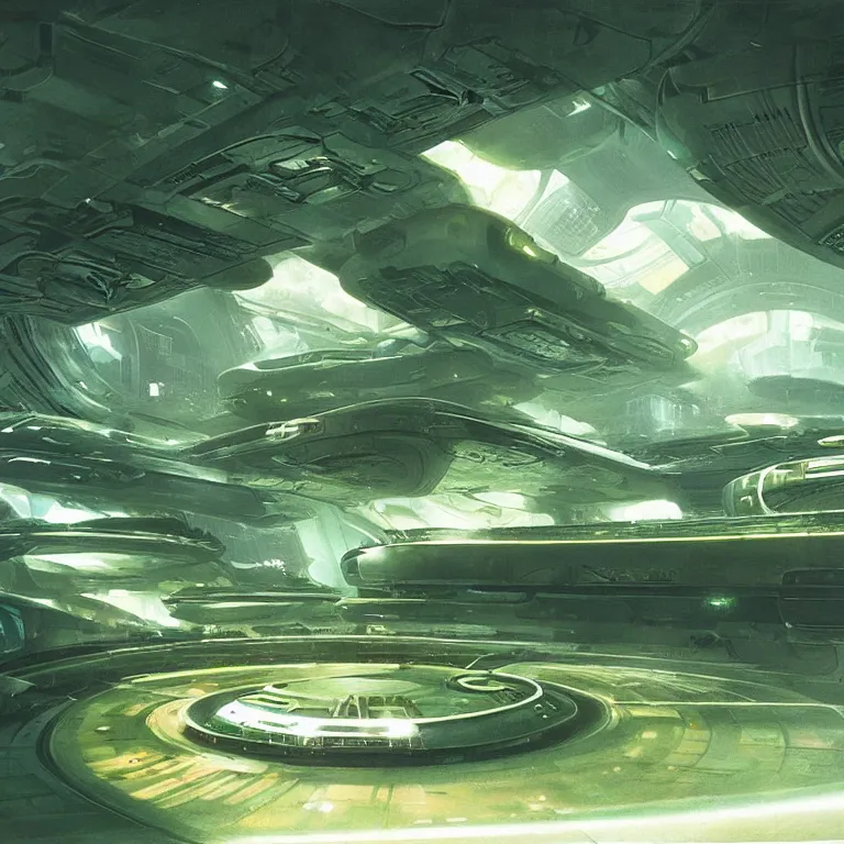 Image similar to beautiful matte painting of green gardens on a futuristic sci-fi space station, cinematic angle, cinematic lighting, by Syd Mead, John Harris, Federico Pelat