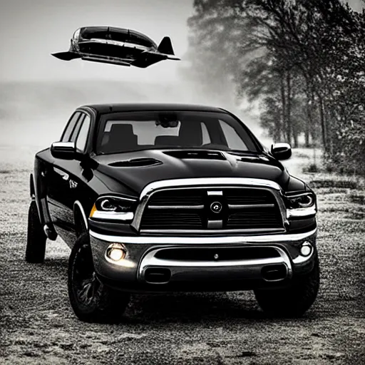 Image similar to photograph of a new dodge ram flying in the sky