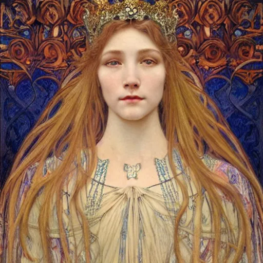 Image similar to detailed realistic beautiful young medieval queen face portrait by jean delville, alphonse mucha, and marco mazzoni, art nouveau, symbolist, visionary, gothic, pre - raphaelite