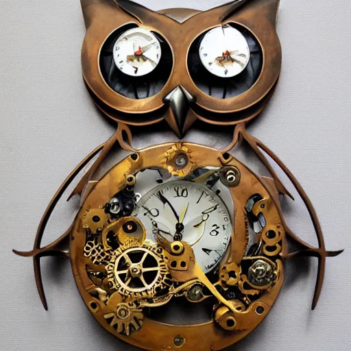 Prompt: an owl shaped steampunk mechanical clock