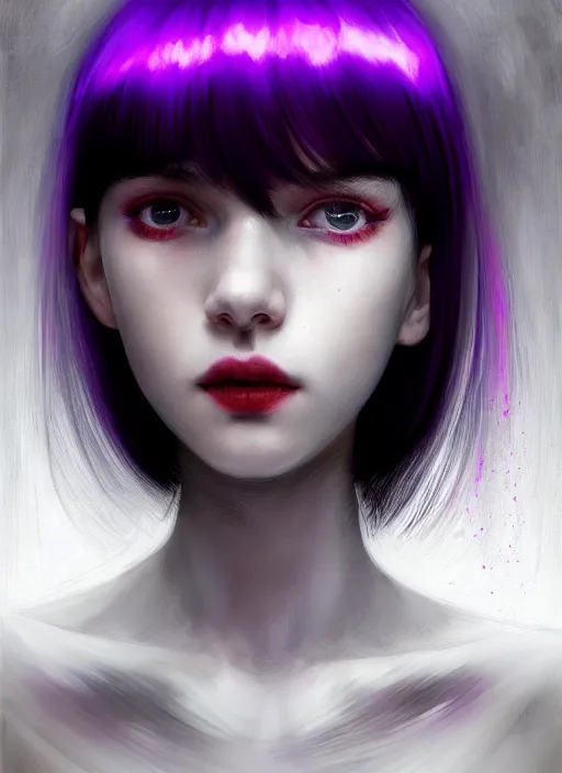 Image similar to portrait of teenage girl, red irises, bangs, black and white hair, white bangs, purple clothes, white bangs, two color hair, black hair and white bangs, intricate, elegant, glowing lights, highly detailed, digital painting, artstation, concept art, smooth, sharp focus, illustration, art by wlop, mars ravelo and greg rutkowski