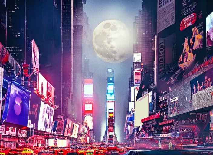 Image similar to film still of the moon shattering into pieces over time square in the new disaster movie, 8 k, night time