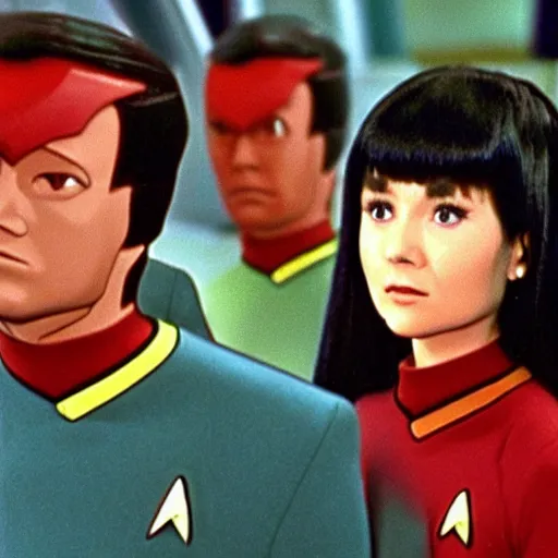 Prompt: still closeup photo of Star Trek The Next Generation 1991 episode with Kagura from Azumanga Daioh