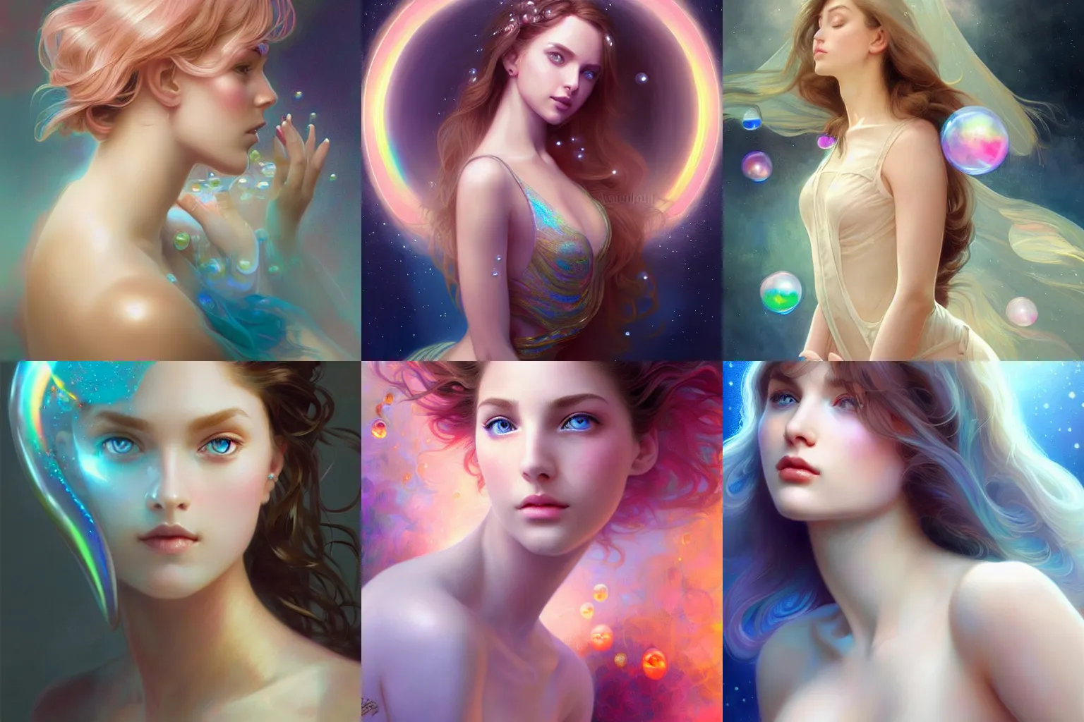 Prompt: portrait of gorgeous girl, dreamy and ethereal, expressive pose, big blue eyes, peaceful expression, futuristic bodysuit, fantasy, intricate, elegant, many rainbow bubbles, rose tones, highly detailed, digital painting, artstation, concept art, smooth, sharp focus, illustration, art by artgerm and greg rutkowski and alphonse mucha