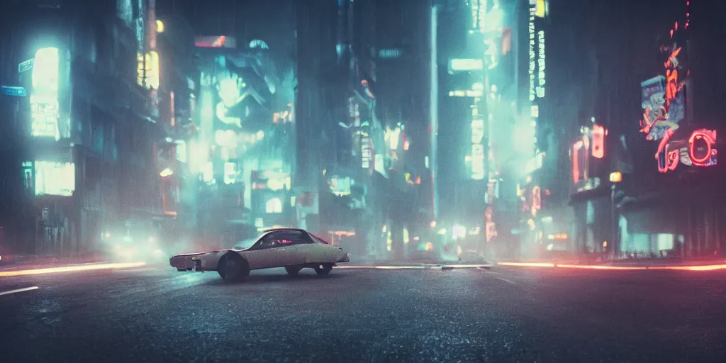 Image similar to city street, neo noir, blade runner, sci fi, retro futuristic, cinematic, atmospheric, hazy, 135mm lens, 3D