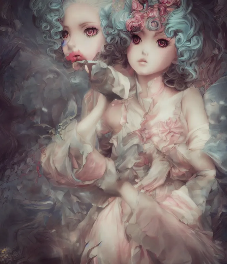 Image similar to anime 3 d art, wlop art, realistic marie antoinette girl painting, japanese street fashion, hyper realism, muted colours, rococo, natalie shau, anime, tom bagshaw style