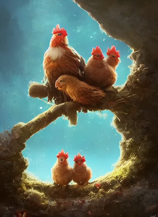 Image similar to a cute hen fostering two chicks in an adventure movie by nuri iyem, james gurney, james jean, greg rutkowski, anato finnstark. pixar. hyper detailed, 5 0 mm, award winning photography