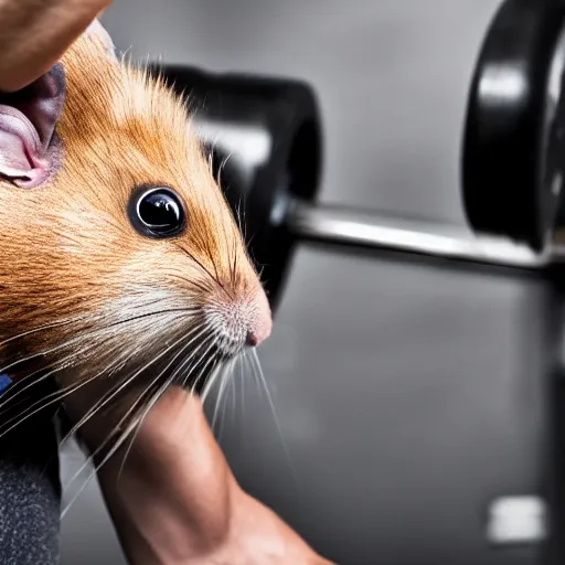 Prompt: “photograph of the body of a man flexing his muscles at the gym with the head of a hamster, sharp focus, hd”