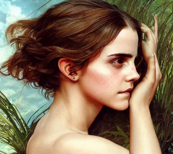 Image similar to photography emma watson with hands - up and hairy armpits, deep focus, intricate, elegant, highly detailed, digital painting, artstation, concept art, matte, sharp focus, illustration, art by artgerm and greg rutkowski and alphonse mucha and gil elvgren