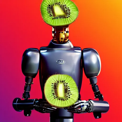 Image similar to a futuristic robot savouring a golden kiwi, ecstatic, uplifting, euphoric, detailed, 8 k, trending on artstation, award - winning art