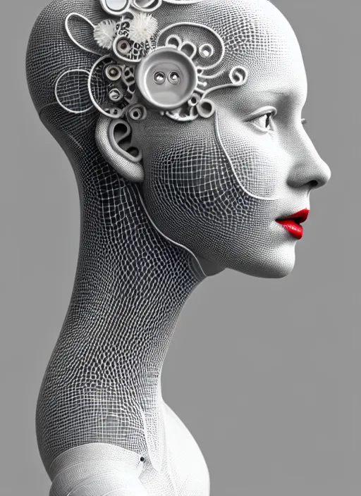 Image similar to complex 3d render ultra detailed of a beautiful porcelain profile woman face, mechanical cyborg, 150 mm, beautiful natural soft light, rim light, silver white gold details, magnolia big leaves and stems, roots, fine foliage lace, maze like, mesh wire, intricate details, hyperrealistic, ultra detailed, mandelbrot fractal, anatomical, red lips, white metal neocubism armor, facial muscles, cable wires, microchip, elegant, octane render, H.R. Giger style, 8k
