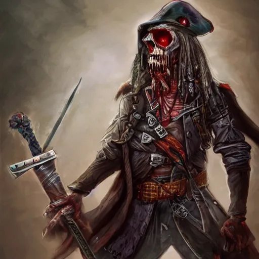 Image similar to Full body shot of Zombie pirate Captain wielding a sandstone rapier and sandstone dagger. Wearing a hat with an impressive feather and with a brutal scar across his neck. Dark magic, dark lighting, flux. High fantasy, digital painting, HD, 4k, detailed