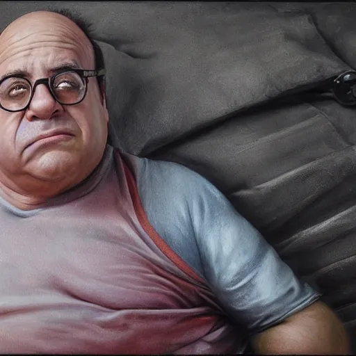 Image similar to hyperrealistic mixed media high resolution painting of a quadriplegic Danny DeVito, stunning 3d render inspired art by István Sándorfi and Greg Rutkowski and Unreal Engine, perfect facial symmetry, dim volumetric lighting, 8k octane beautifully detailed render, full body shot, post-processing, extremely hyper-detailed, intricate, epic composition, highly detailed attributes, highly detailed atmosphere, cinematic lighting, masterpiece, trending on artstation, very very detailed, masterpiece, stunning, flawless structure, lifelike texture, perfection,