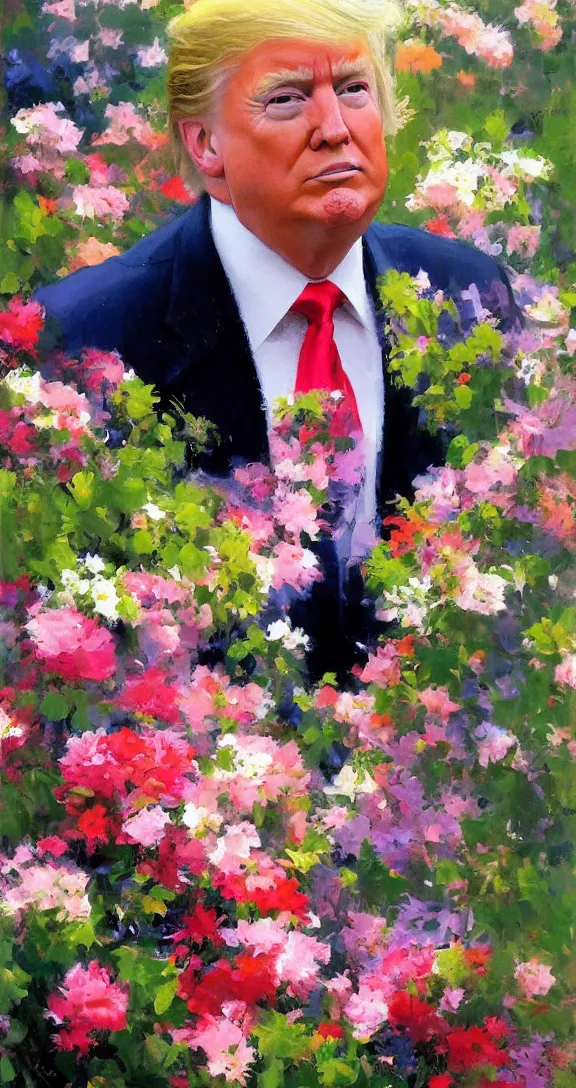 Prompt: romantic detailed portrait of donald trump surrounded by beautiful flowers, by gregory manchess, james gurney, james jean