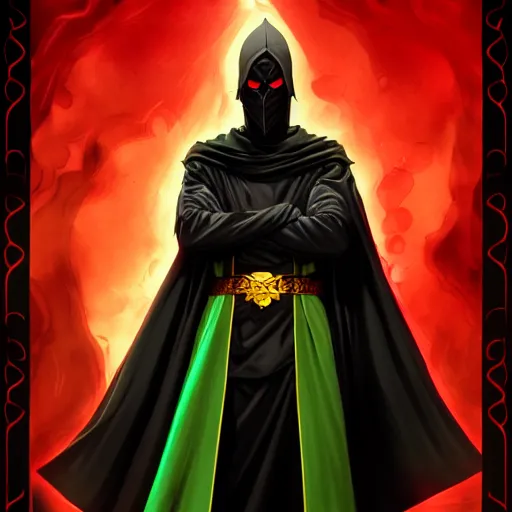 Prompt: intimidating portrait commission of a D&D cult leader wearing black robes and a golden mask. green eyes like spawn. Black Background with red swirls. character design by charlie bowater, detailed, inked, western comic book art