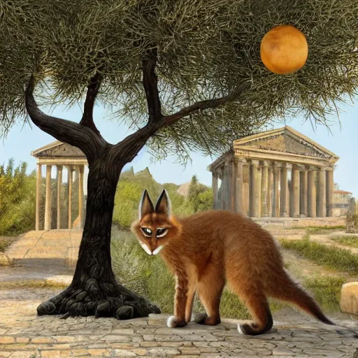 Prompt: cute fluffy caracal in ancient greek town, marble columns, olive trees, sunny, a beautiful landscape by gediminas pranckevicius