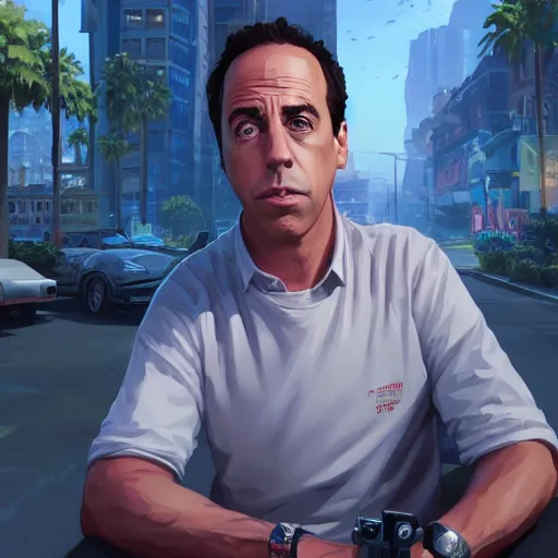 Image similar to highly detailed portrait, jerry seinfeld, in gta v, stephen bliss, unreal engine, fantasy art by greg rutkowski, loish, rhads, ferdinand knab, makoto shinkai and lois van baarle, ilya kuvshinov, rossdraws, tom bagshaw, global illumination, radiant light, detailed and intricate environment