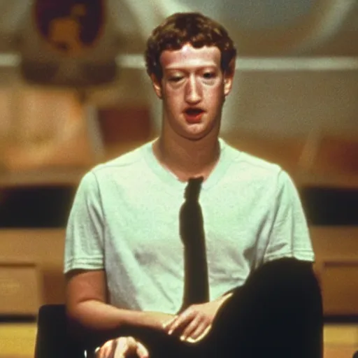 Image similar to Mark Zuckerberg as an evil supervillian in a movie, 1980s