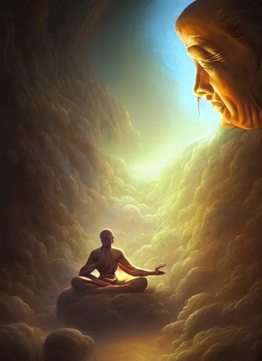 Image similar to a monk meditating, in the style of tomasz alen kopera and fenghua zhong and peter mohrbacher, mystical colors, rim light, beautiful lighting, 8 k, stunning scene, raytracing, octane, trending on artstation